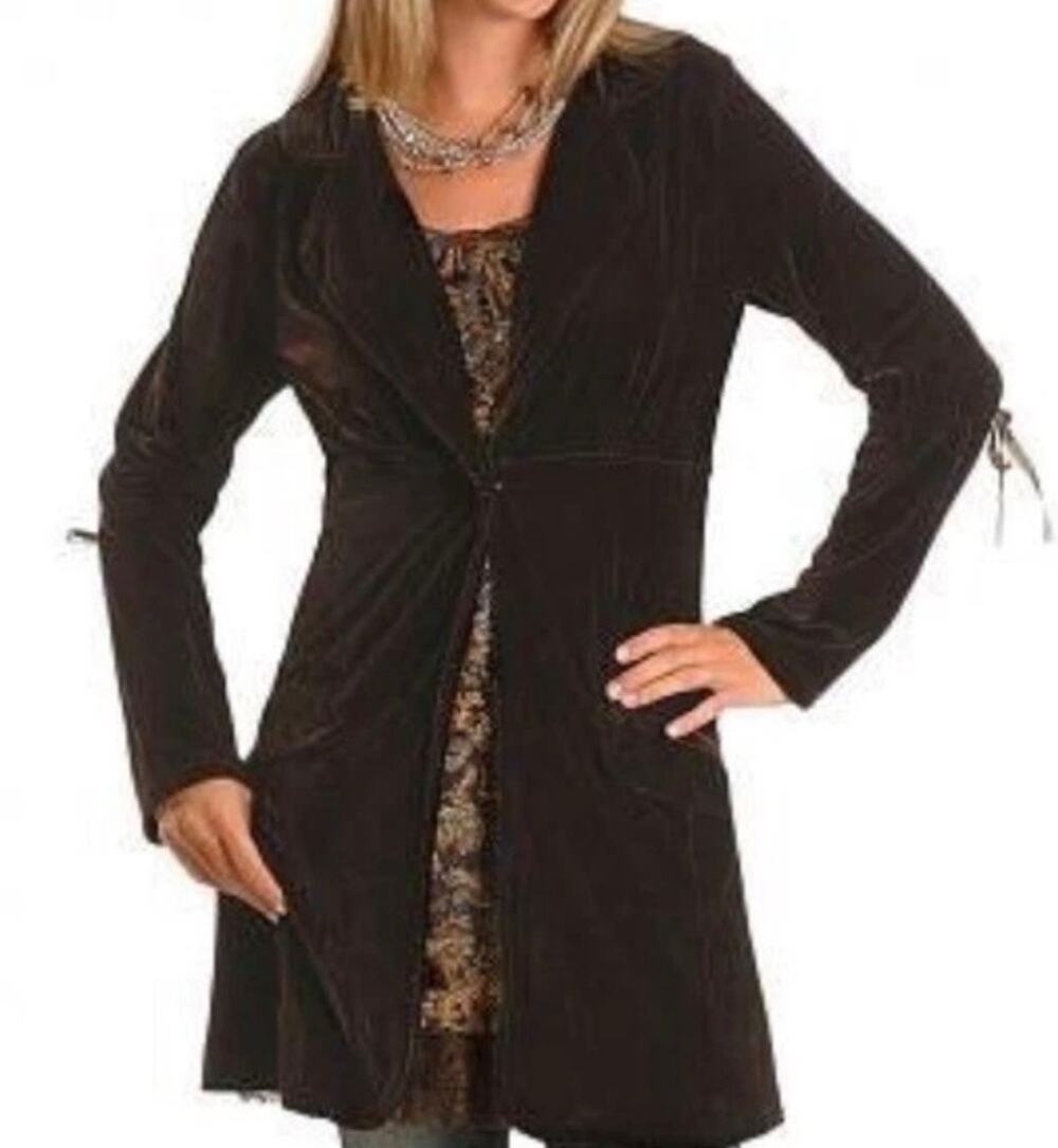 Rancho Estancia L Chocolate Brown Stretch Velvet Long Duster Jacket Steampunk